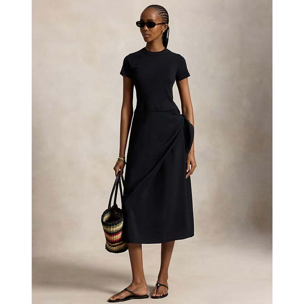 Polo Ralph Lauren Faux Wrap Tee Dress Black Midi Tie Waist Size Large
